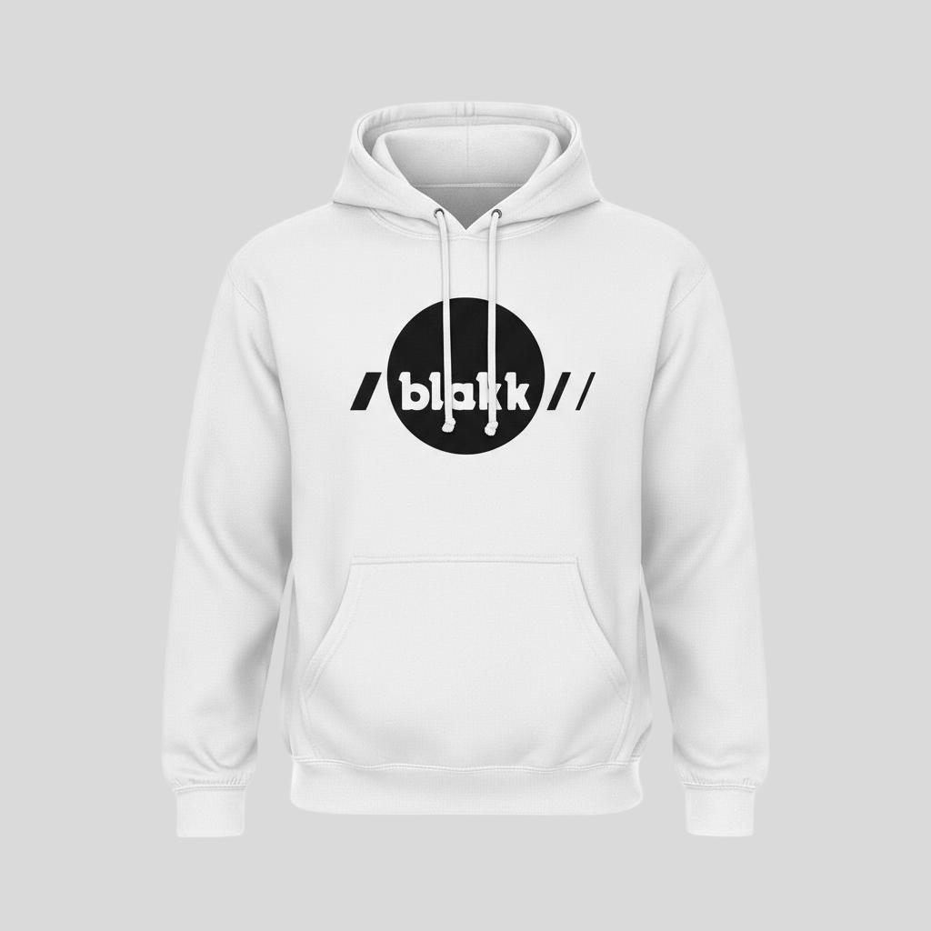 Blakk logo on white hoodie with white drawstrings