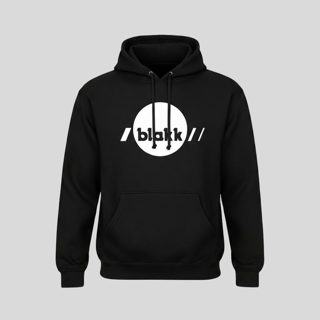 Blakk logo in white on black hoodie with black drawstrings