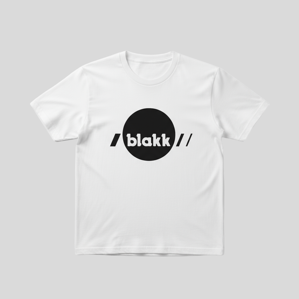 Blakk logo on white t-shirt with larger logo and smooth fabric