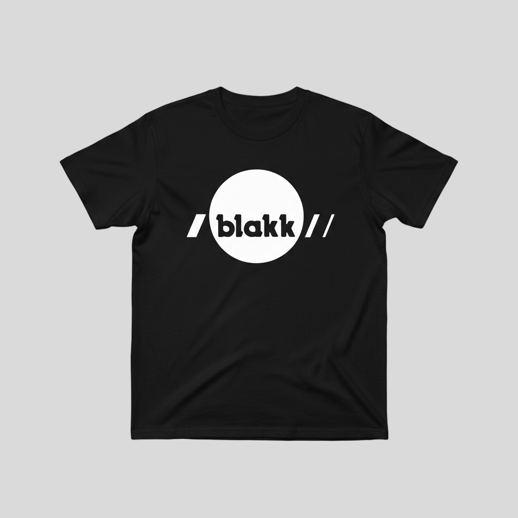 Blakk logo in white on black t-shirt with larger logo