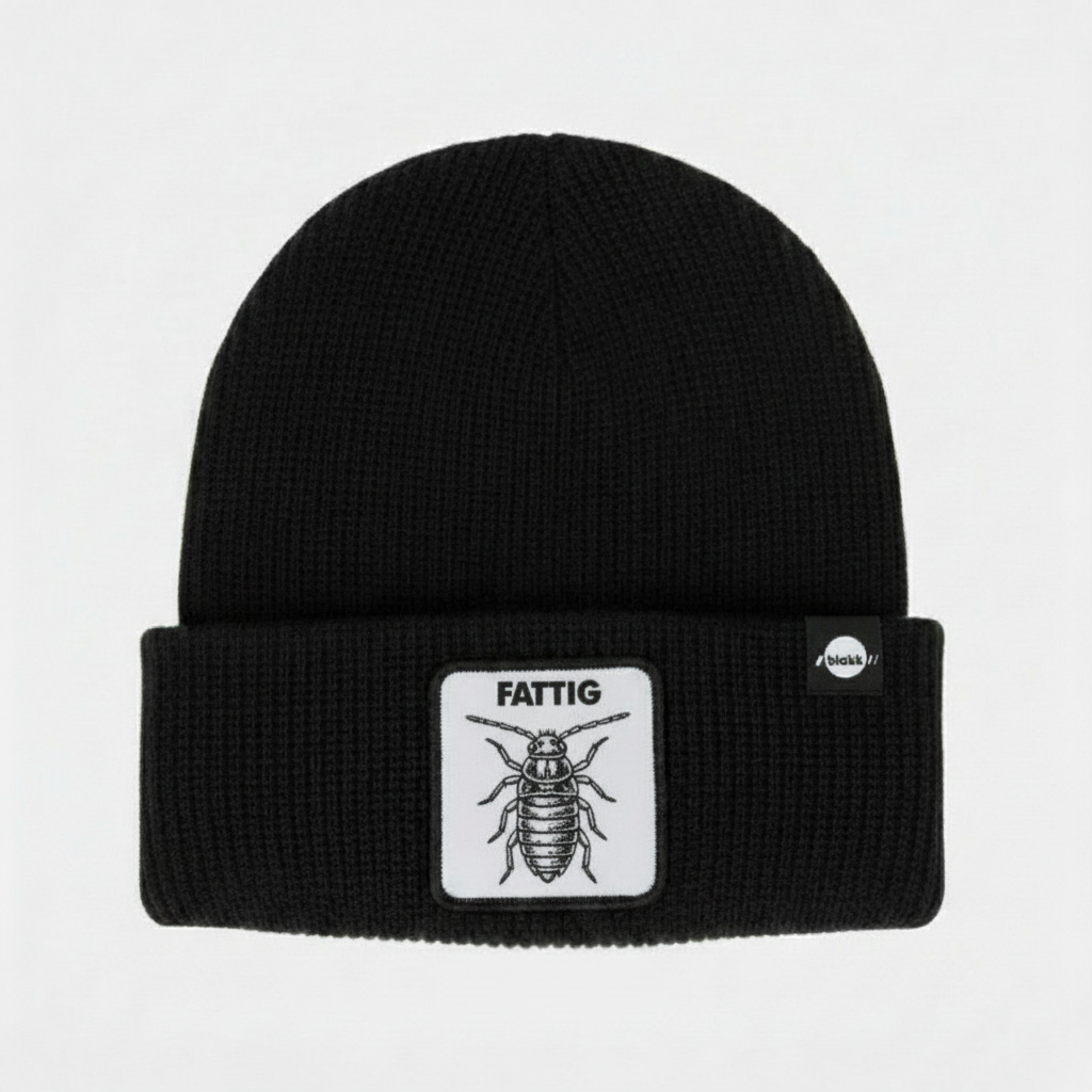 Svart lue med fattig-motiv